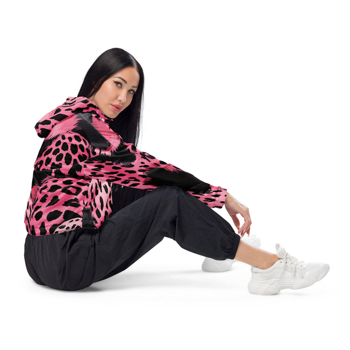 Womens Cropped Windbreaker Jacket, Pink And Black Spotted Illustration