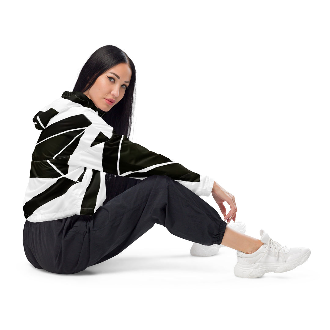 Womens Cropped Windbreaker Jacket, Black And White Geometric Pattern