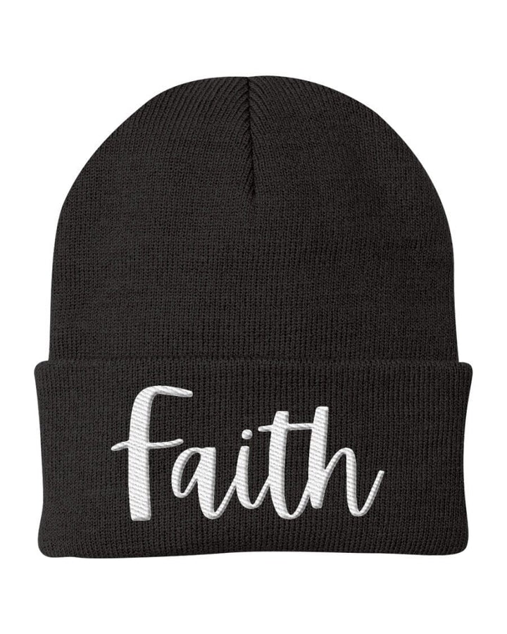 Beanie Knit Cap - Faith Embroidered Hat / White Text - Unisex | Embroidered