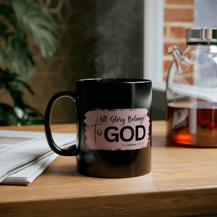 Black Ceramic Mug - 11oz All Glory Belongs to God Christian Illustration Light