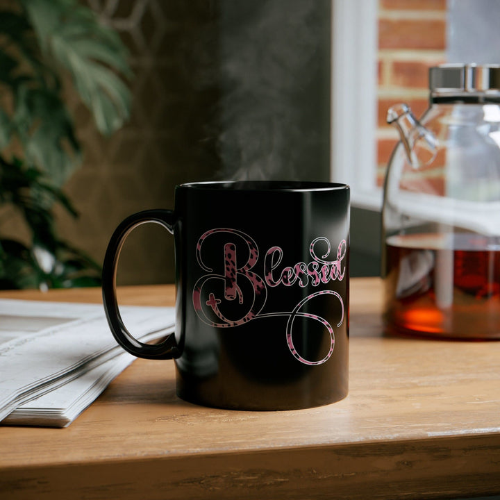 Black Ceramic Mug - 11oz Blessed Pink and Black Patterned Graphic Illustration