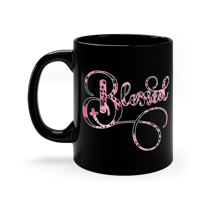 Black Ceramic Mug - 11oz Blessed Pink and Black Patterned Graphic Illustration