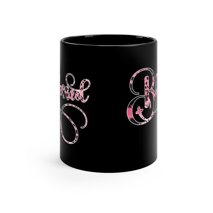 Black Ceramic Mug - 11oz Blessed Pink and Black Patterned Graphic Illustration