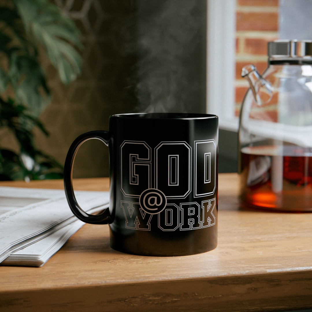 Black Ceramic Mug - 11oz God @ Work Black and White Print - Decorative