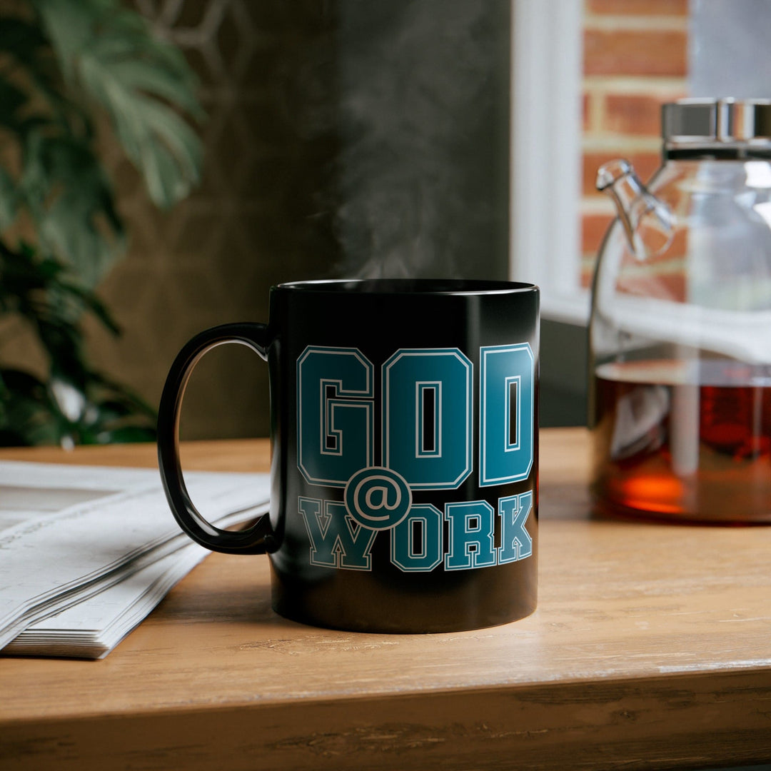 Black Ceramic Mug - 11oz God @ Work Blue Green and White Print - Decorative