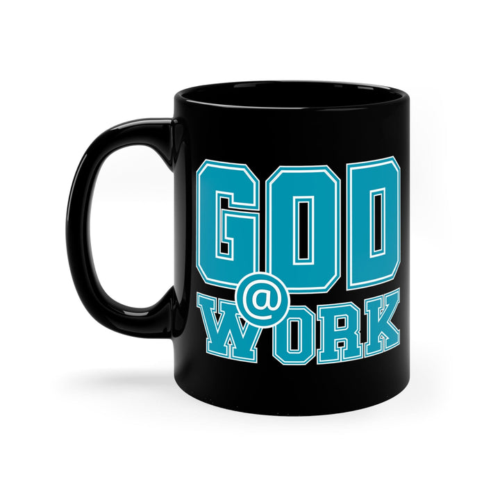 Black Ceramic Mug - 11oz God @ Work Blue Green and White Print - Decorative