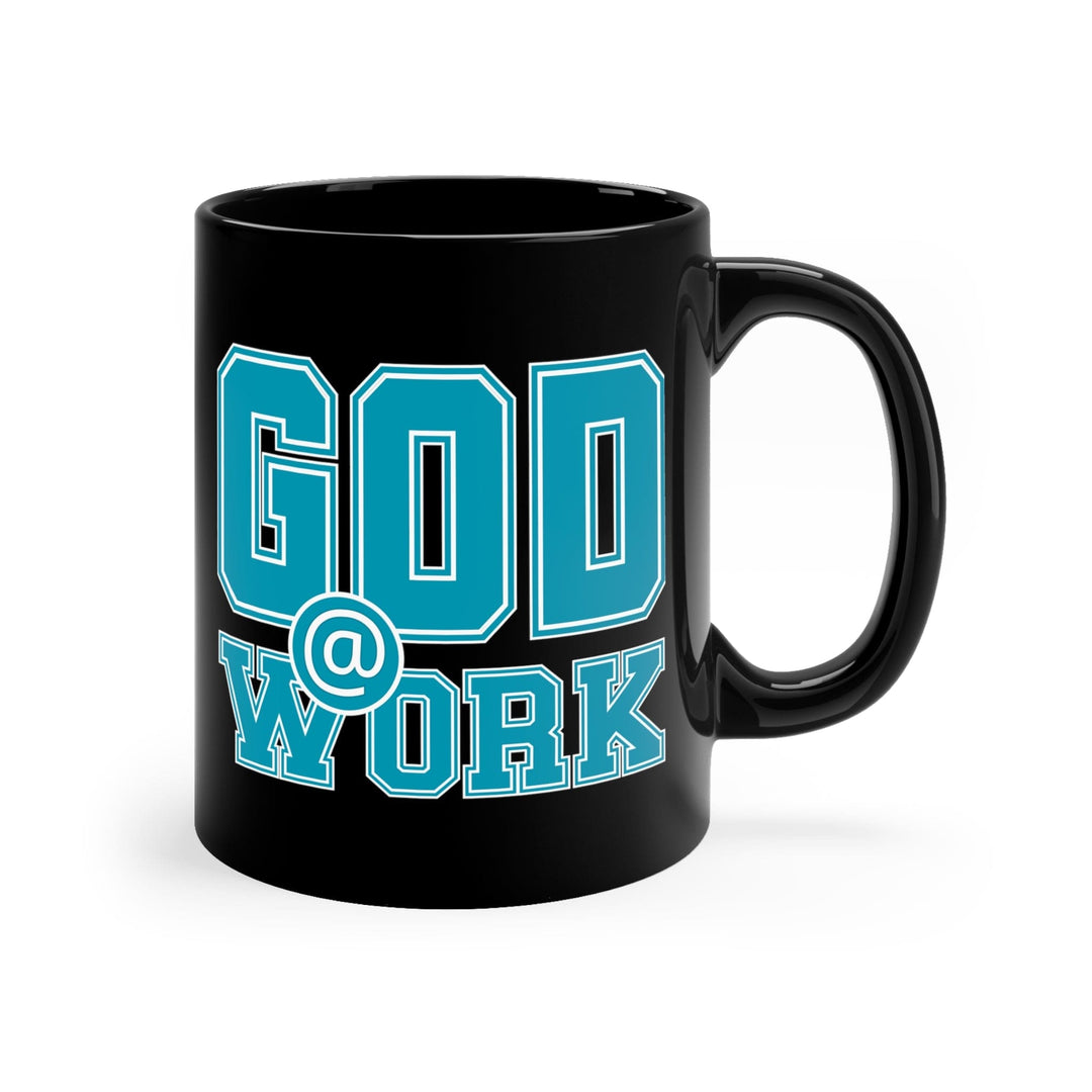 Black Ceramic Mug - 11oz God @ Work Blue Green and White Print - Decorative