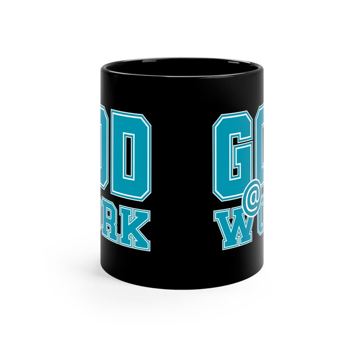 Black Ceramic Mug - 11oz God @ Work Blue Green and White Print - Decorative