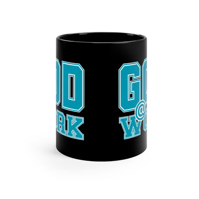Black Ceramic Mug - 11oz God @ Work Blue Green And White Print Decorative | Mugs