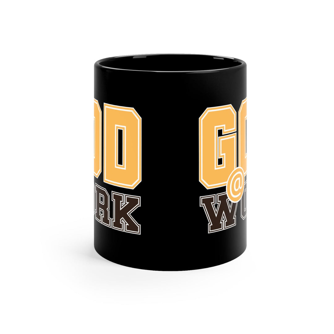 Black Ceramic Mug - 11oz God @ Work Golden Yellow and Brown Print - Decorative