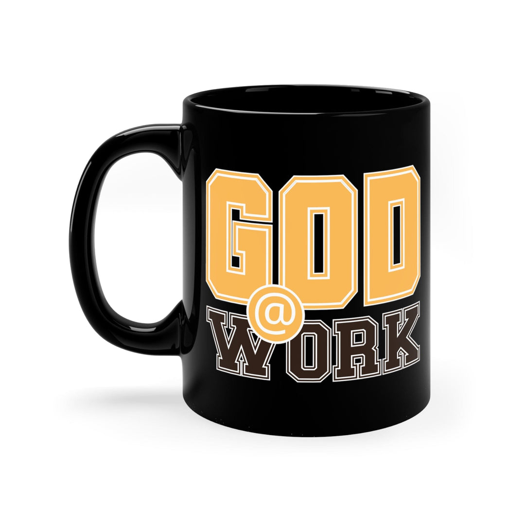 Black Ceramic Mug - 11oz God @ Work Golden Yellow and Brown Print - Decorative