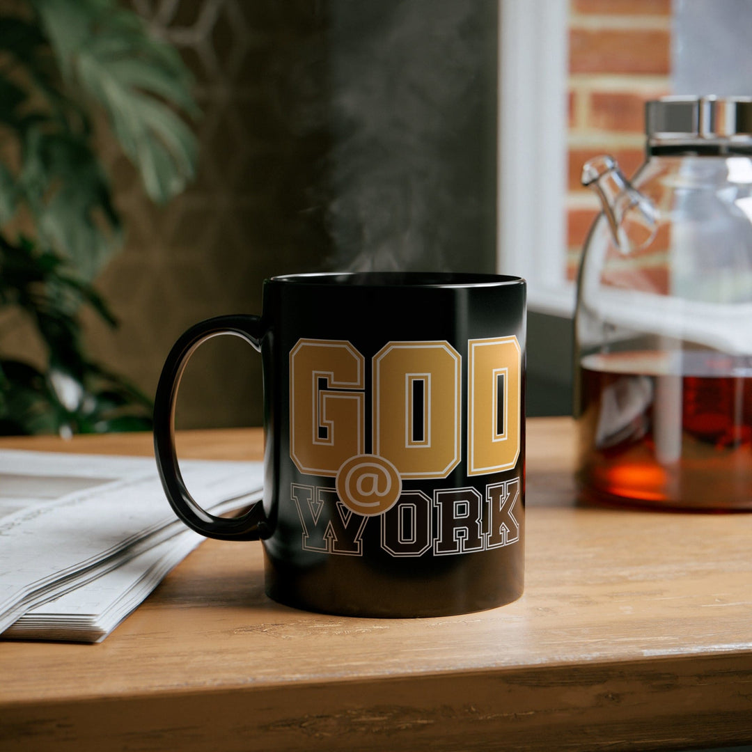 Black Ceramic Mug - 11oz God @ Work Golden Yellow and Brown Print - Decorative