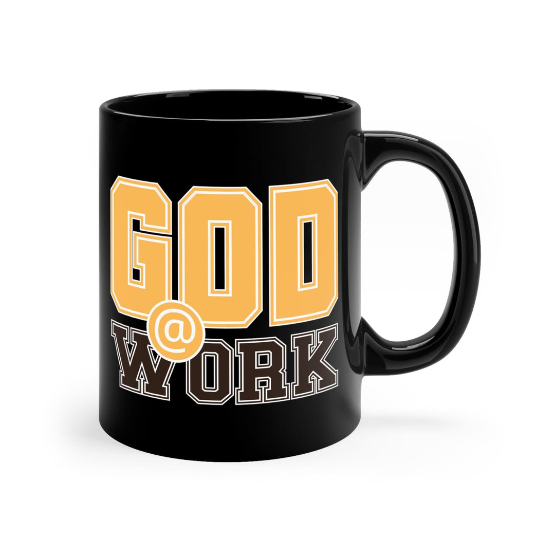 Black Ceramic Mug - 11oz God @ Work Golden Yellow and Brown Print - Decorative