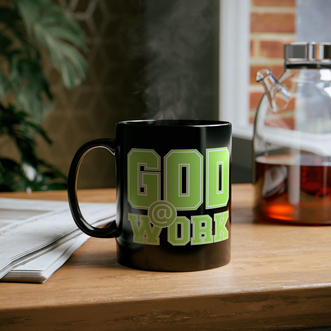 Black Ceramic Mug - 11oz God @ Work Neon Green And White Print - Decorative