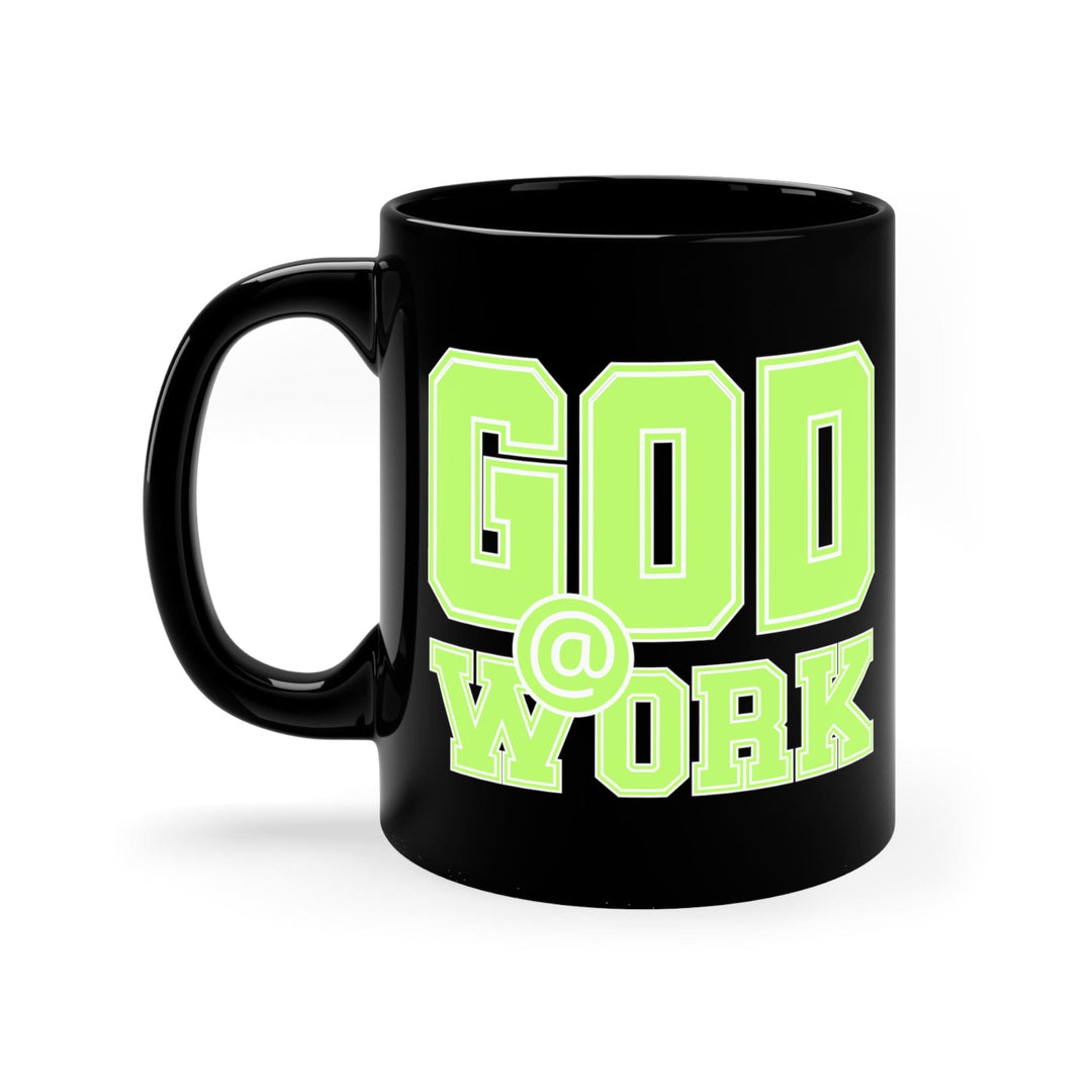 Black Ceramic Mug - 11oz God @ Work Neon Green And White Print - Decorative