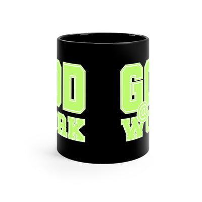 Black Ceramic Mug - 11oz God @ Work Neon Green And White Print Decorative | Mugs