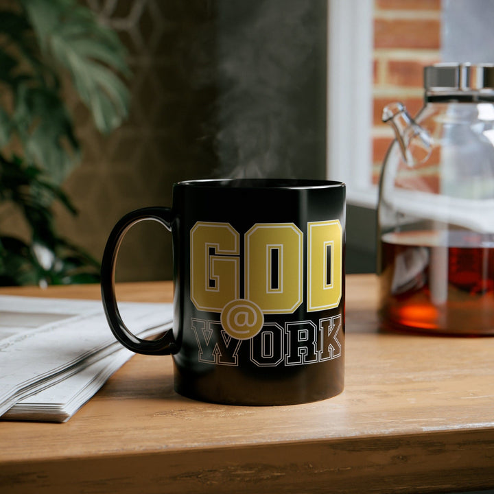 Black Ceramic Mug - 11oz God @ Work Yellow and Black Print - Decorative