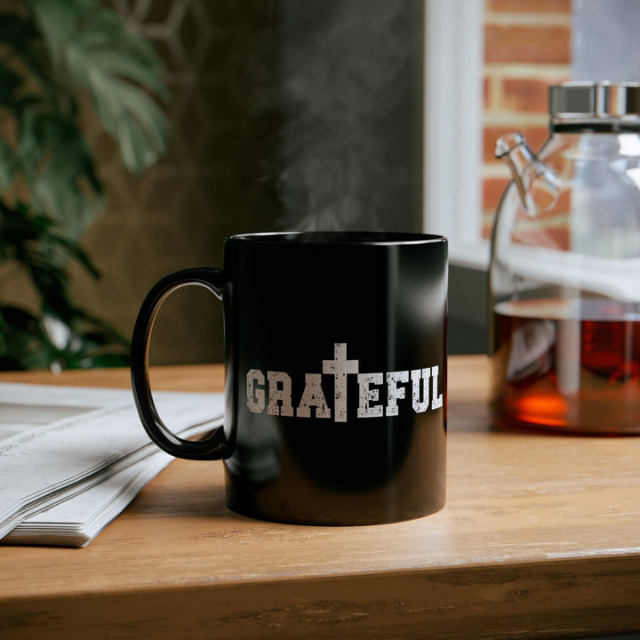 Black Ceramic Mug - 11oz Grateful Cross Illustration - Decorative | Ceramic