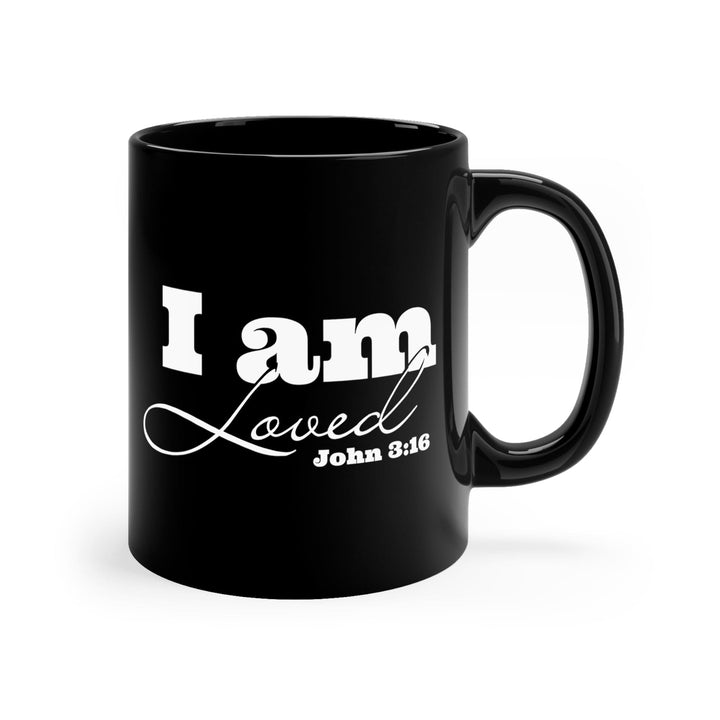 Black Ceramic Mug - 11oz i am Loved - John 3:16 Illustration - Decorative