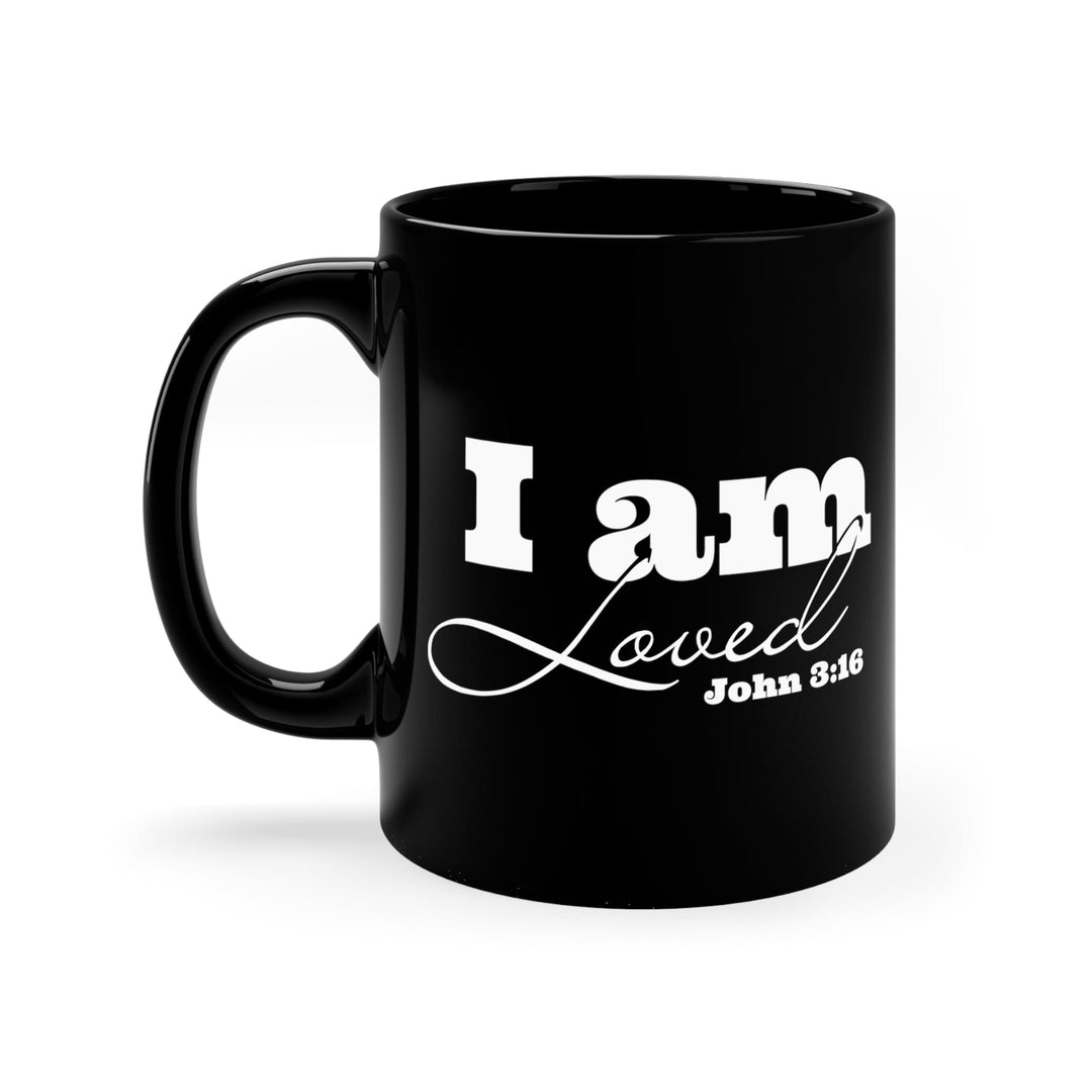 Black Ceramic Mug - 11oz i am Loved - John 3:16 Illustration - Decorative