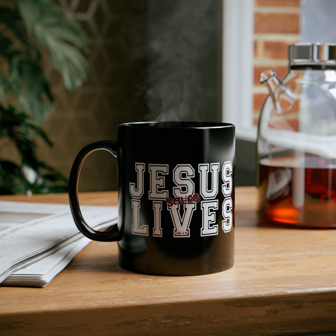 Black Ceramic Mug - 11oz Jesus Saves Lives White Red Illustration - Decorative