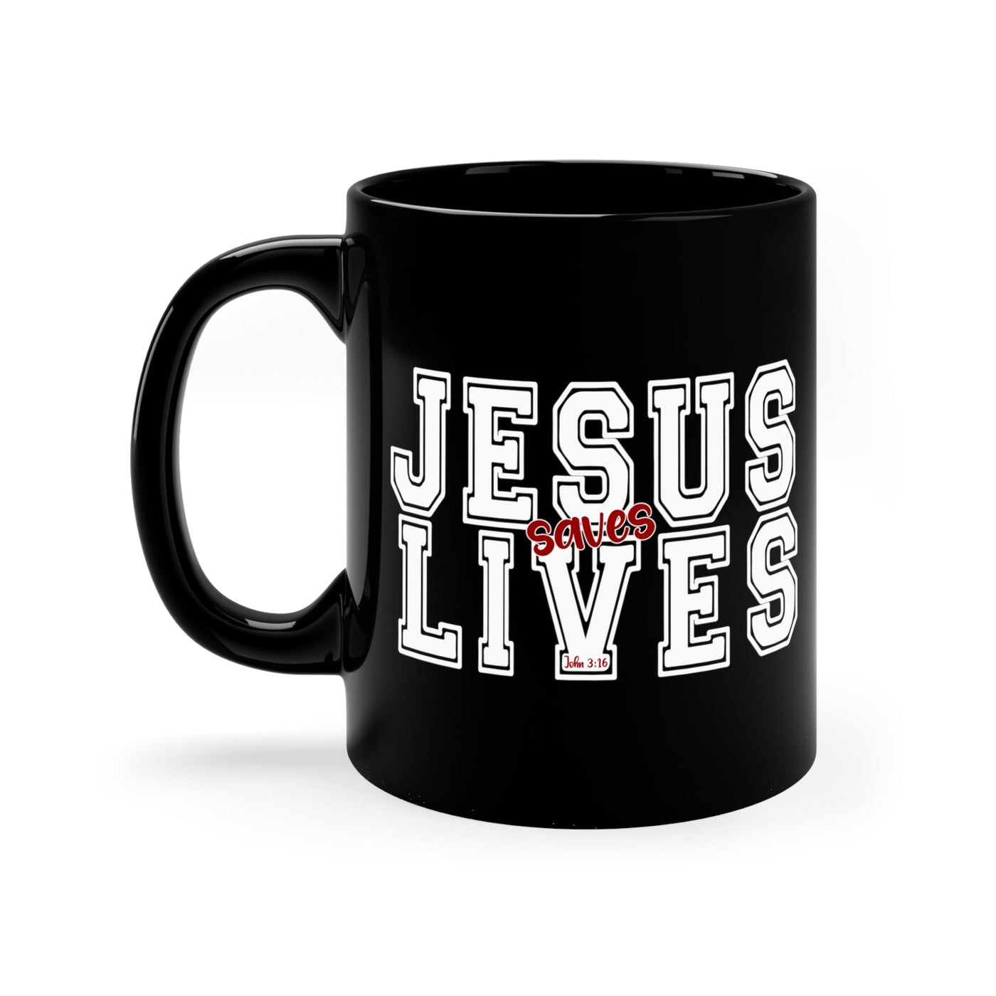 Black Ceramic Mug - 11oz Jesus Saves Lives White Red Illustration Decorative