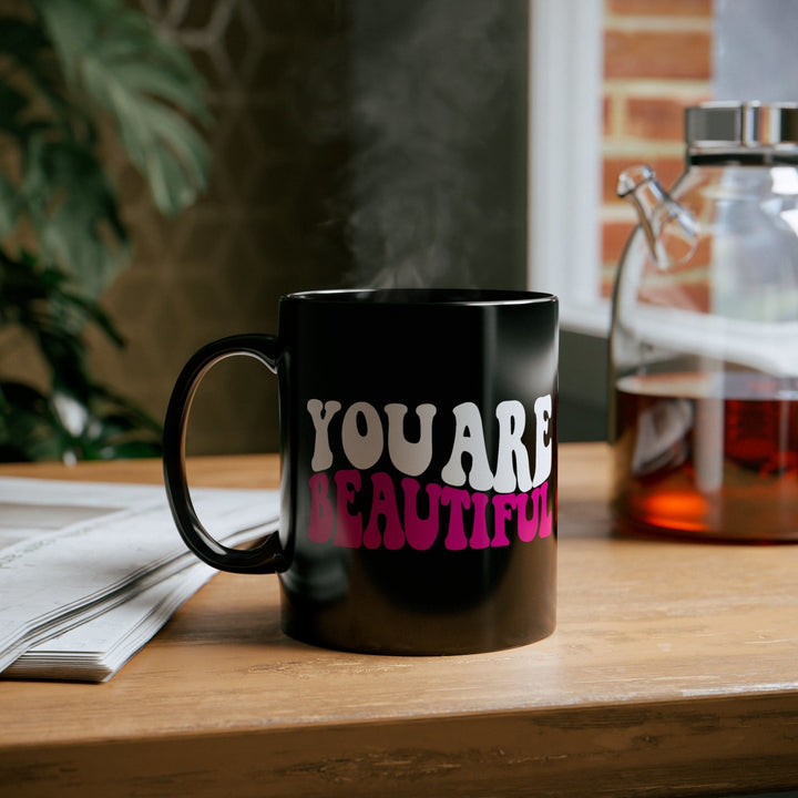 Black Ceramic Mug - 11oz you are Beautiful Retro Wavy Pink White Inspiration