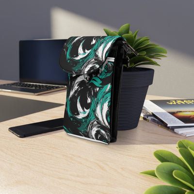 Black Green White Abstract Pattern Crossbody Cell Phone Wallet Purse - Bags
