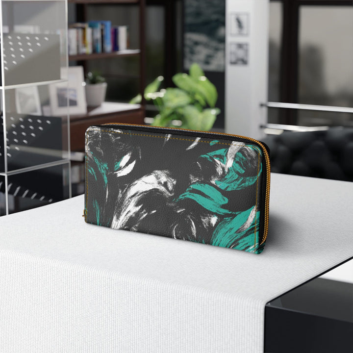 Black Green White Abstract Pattern Womens Zipper Wallet Clutch Purse - Bags