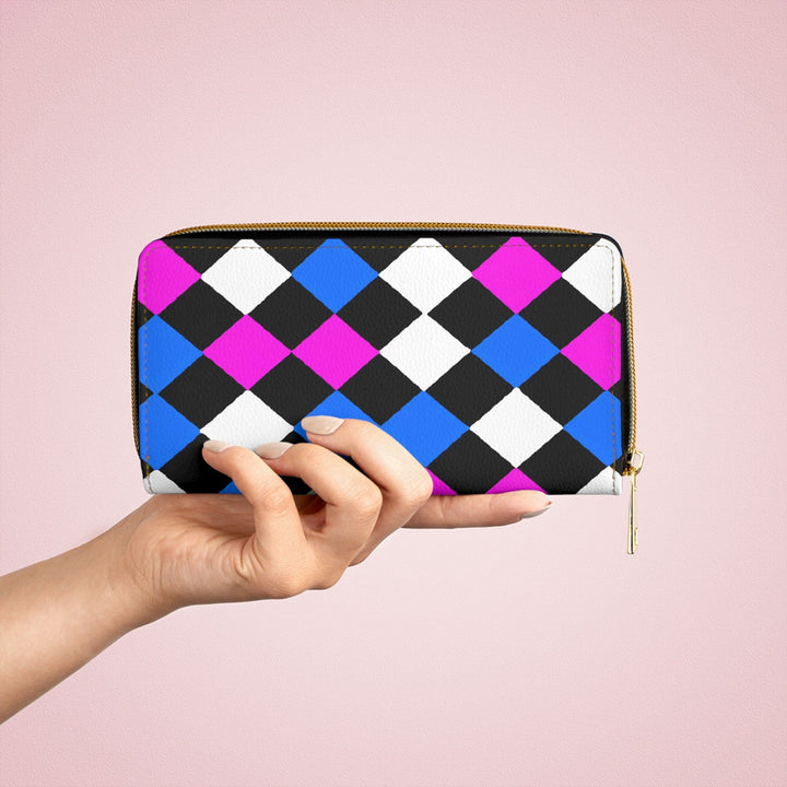 Black Pink Blue Checkered Illustration Womens Zipper Wallet Clutch Purse - Bags