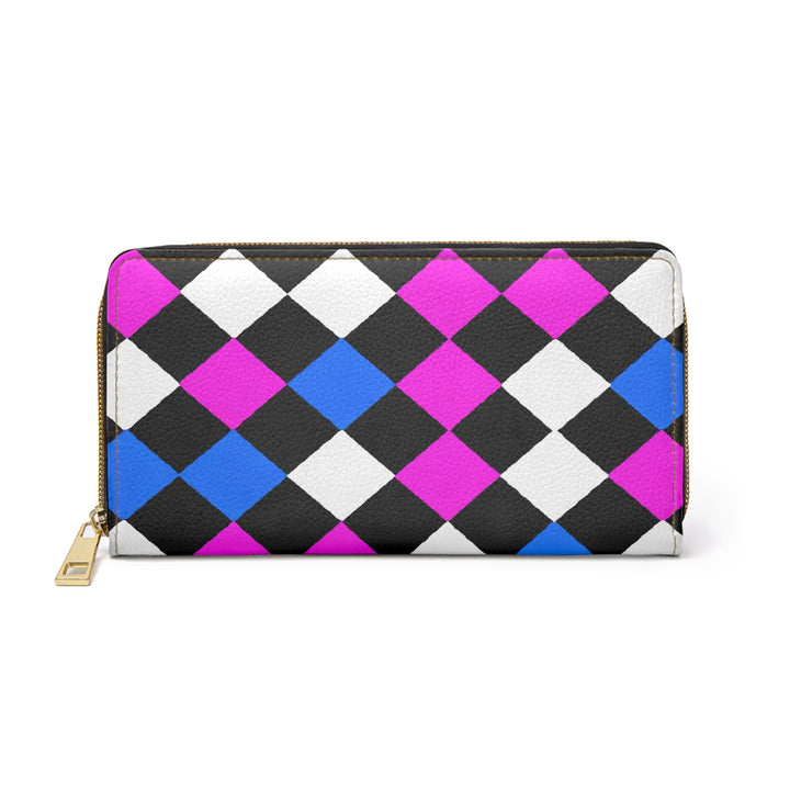 Black Pink Blue Checkered Illustration Womens Zipper Wallet Clutch Purse - Bags