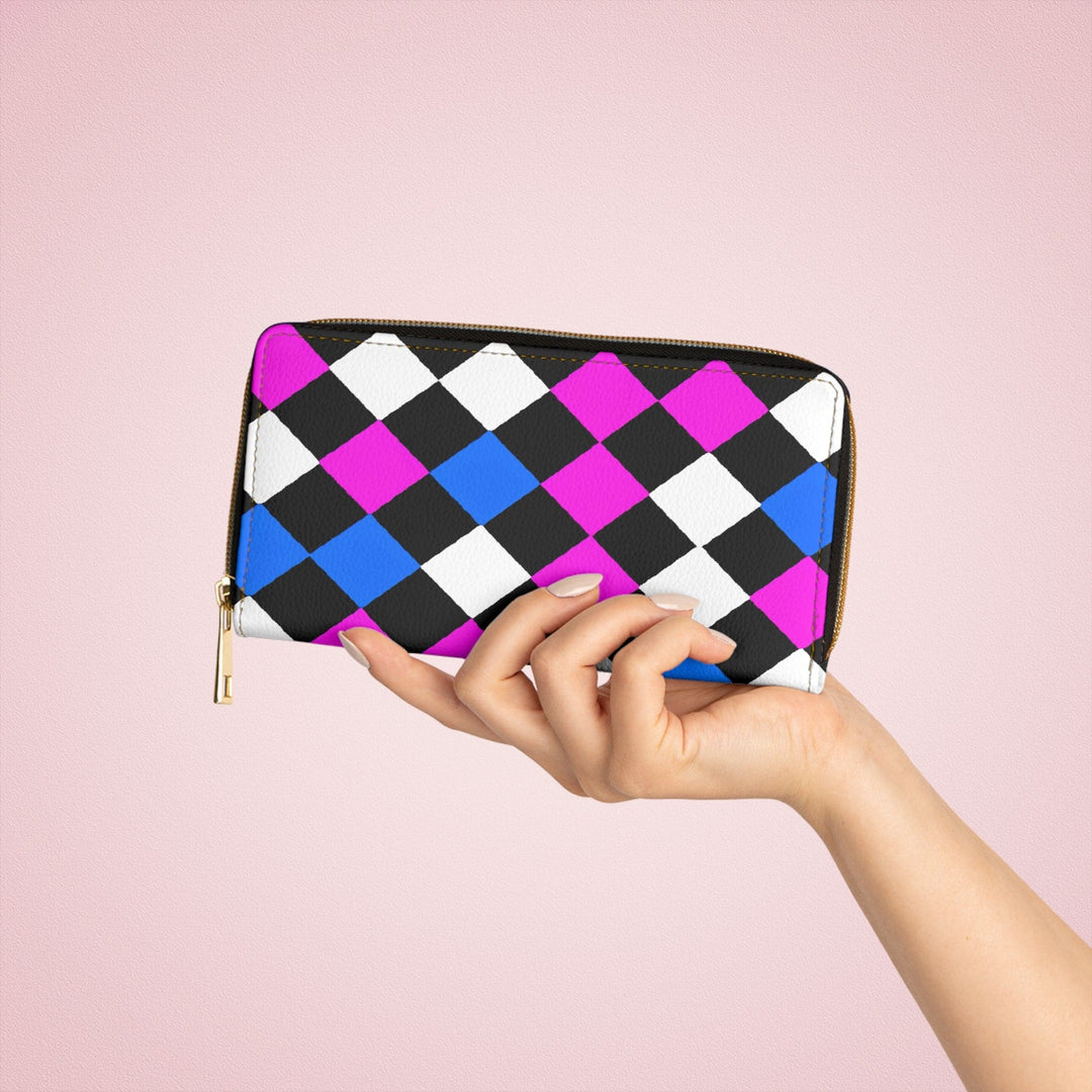 Black Pink Blue Checkered Illustration Womens Zipper Wallet Clutch Purse - Bags