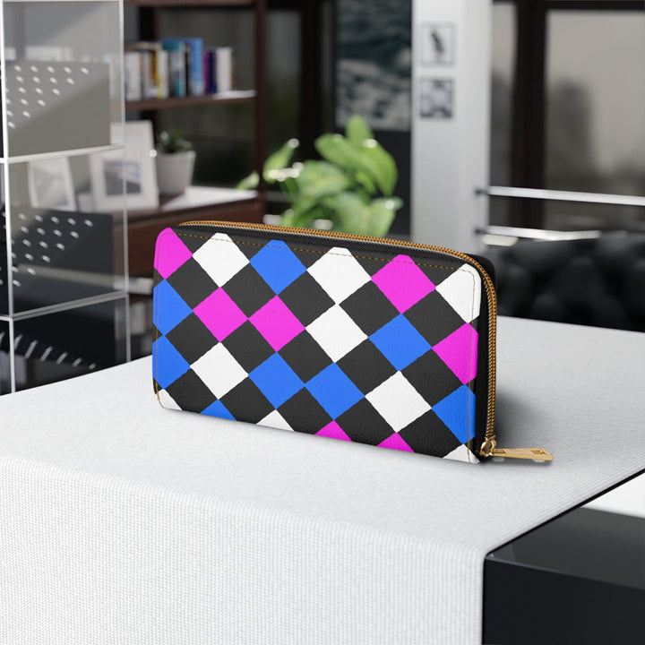 Black Pink Blue Checkered Illustration Womens Zipper Wallet Clutch Purse - Bags