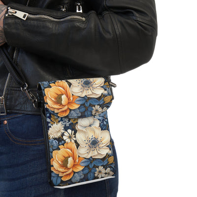 Blue Floral Block Print Illustration Crossbody Cell Phone Wallet Purse - Bags