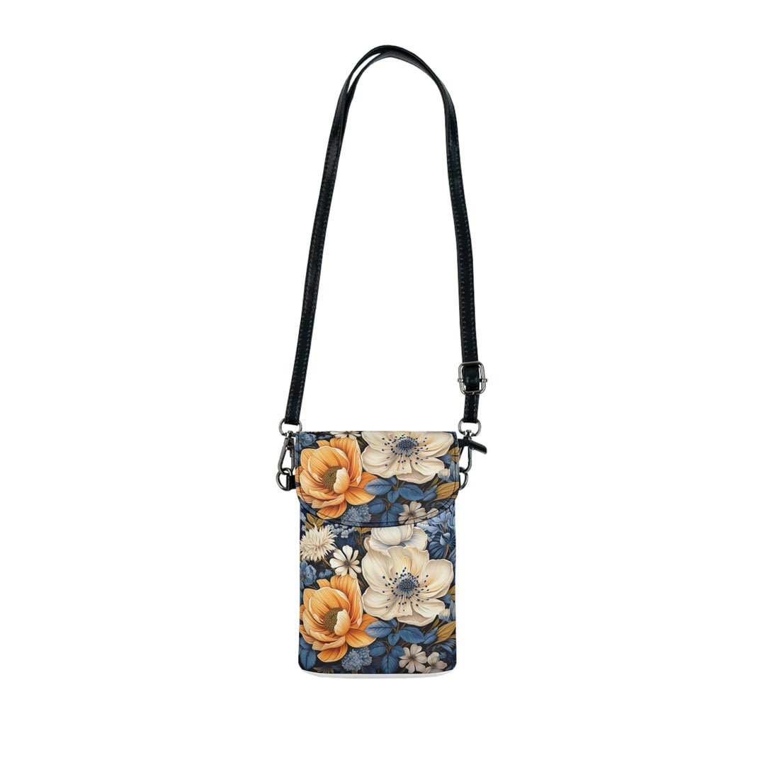 Blue Floral Block Print Illustration Crossbody Cell Phone Wallet Purse - Bags