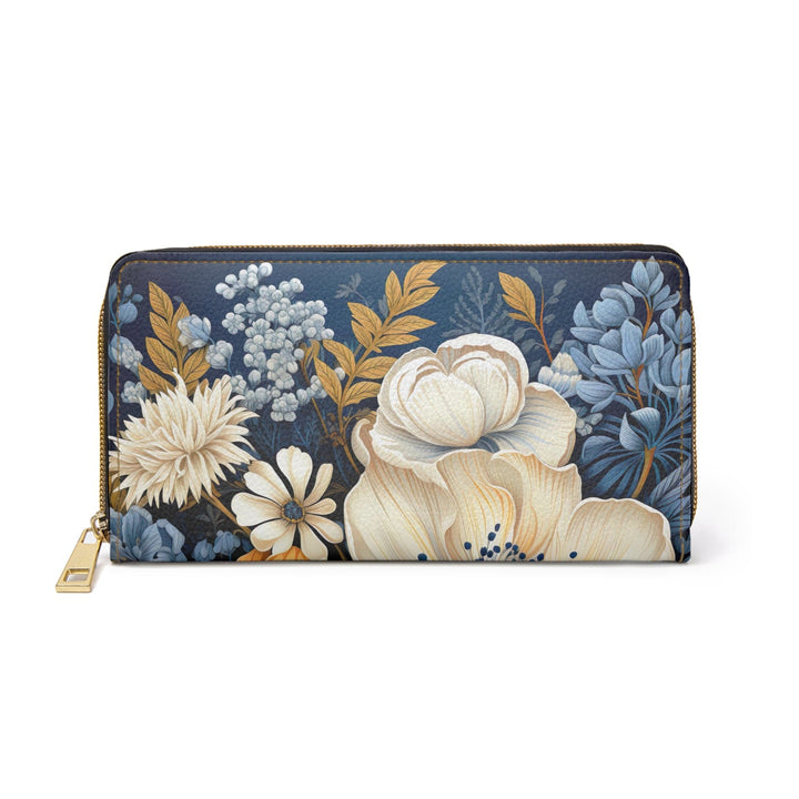 Blue Floral Block Print Illustration Womens Zipper Wallet Clutch Purse - Bags