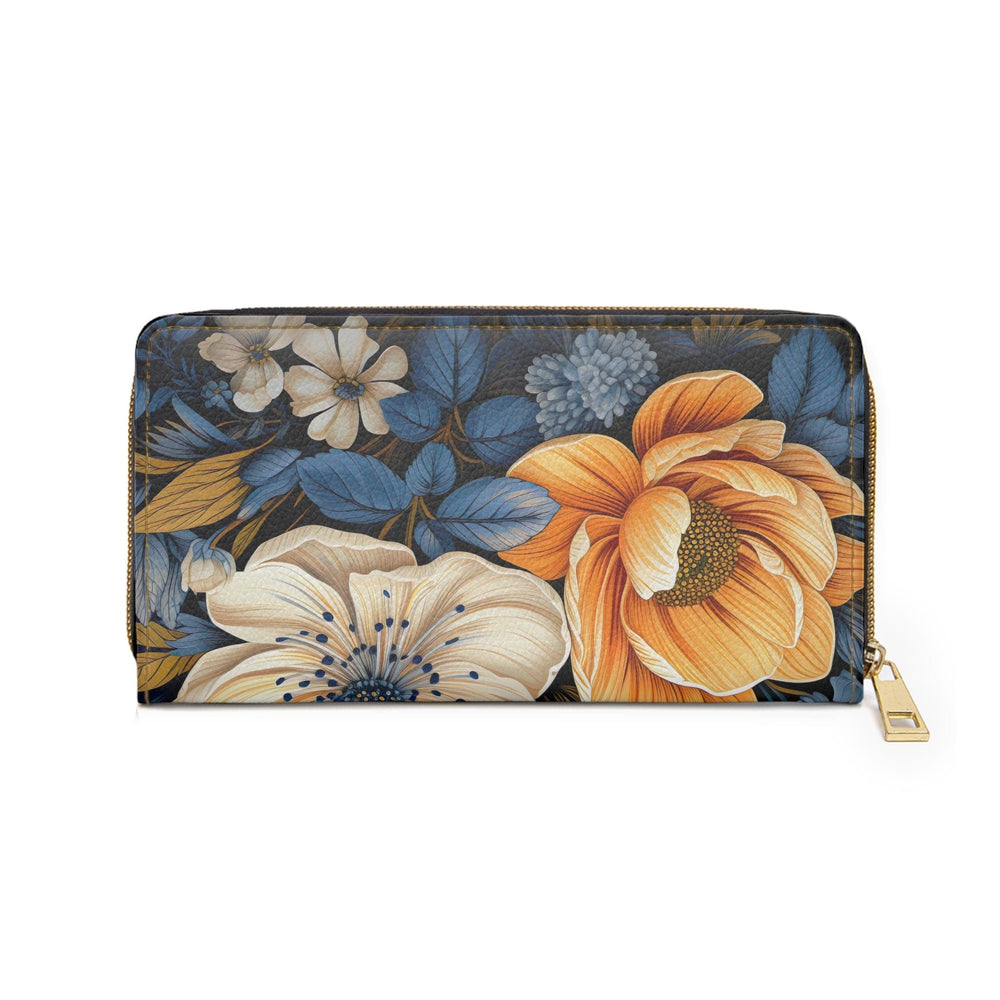 Blue Floral Block Print Illustration Womens Zipper Wallet Clutch Purse - Bags