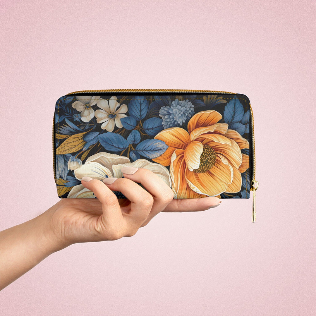 Blue Floral Block Print Illustration Womens Zipper Wallet Clutch Purse - Bags