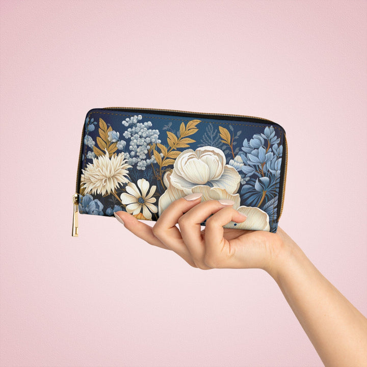 Blue Floral Block Print Illustration Womens Zipper Wallet Clutch Purse - Bags