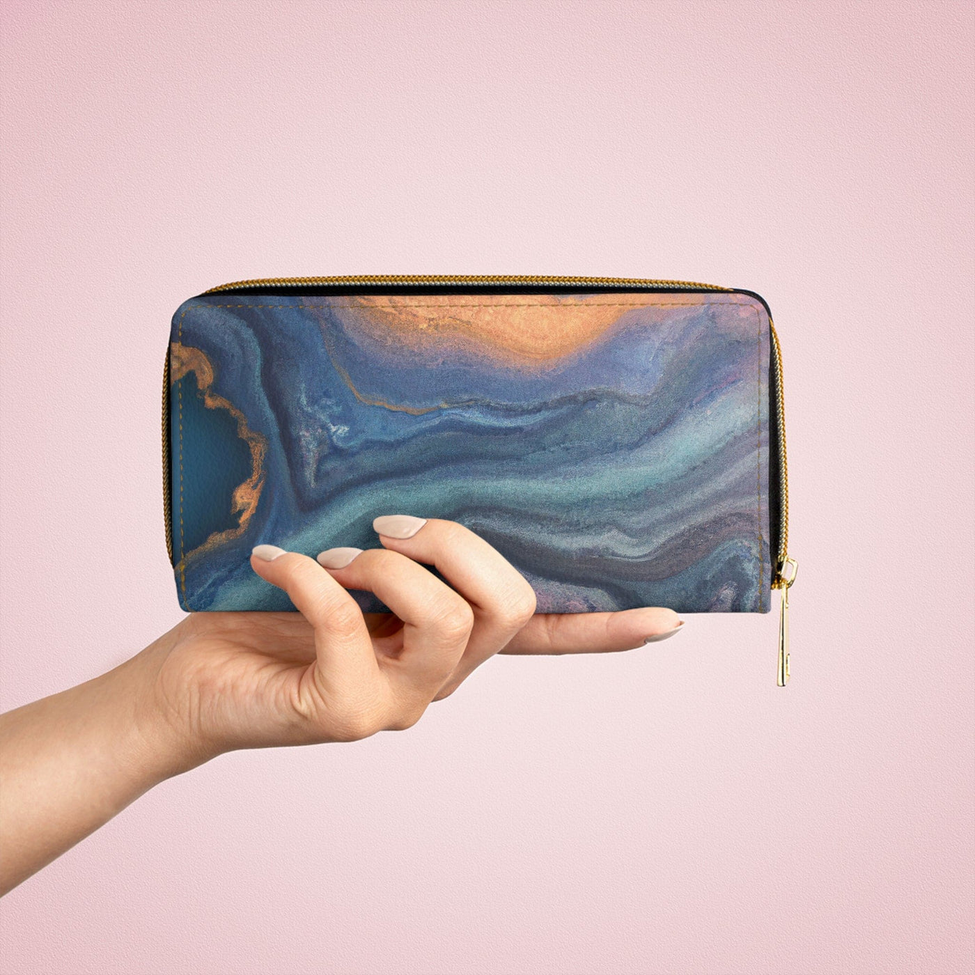 Blue Pink Gold Abstract Marble Swirl Pattern Womens Zipper Wallet Clutch Purse