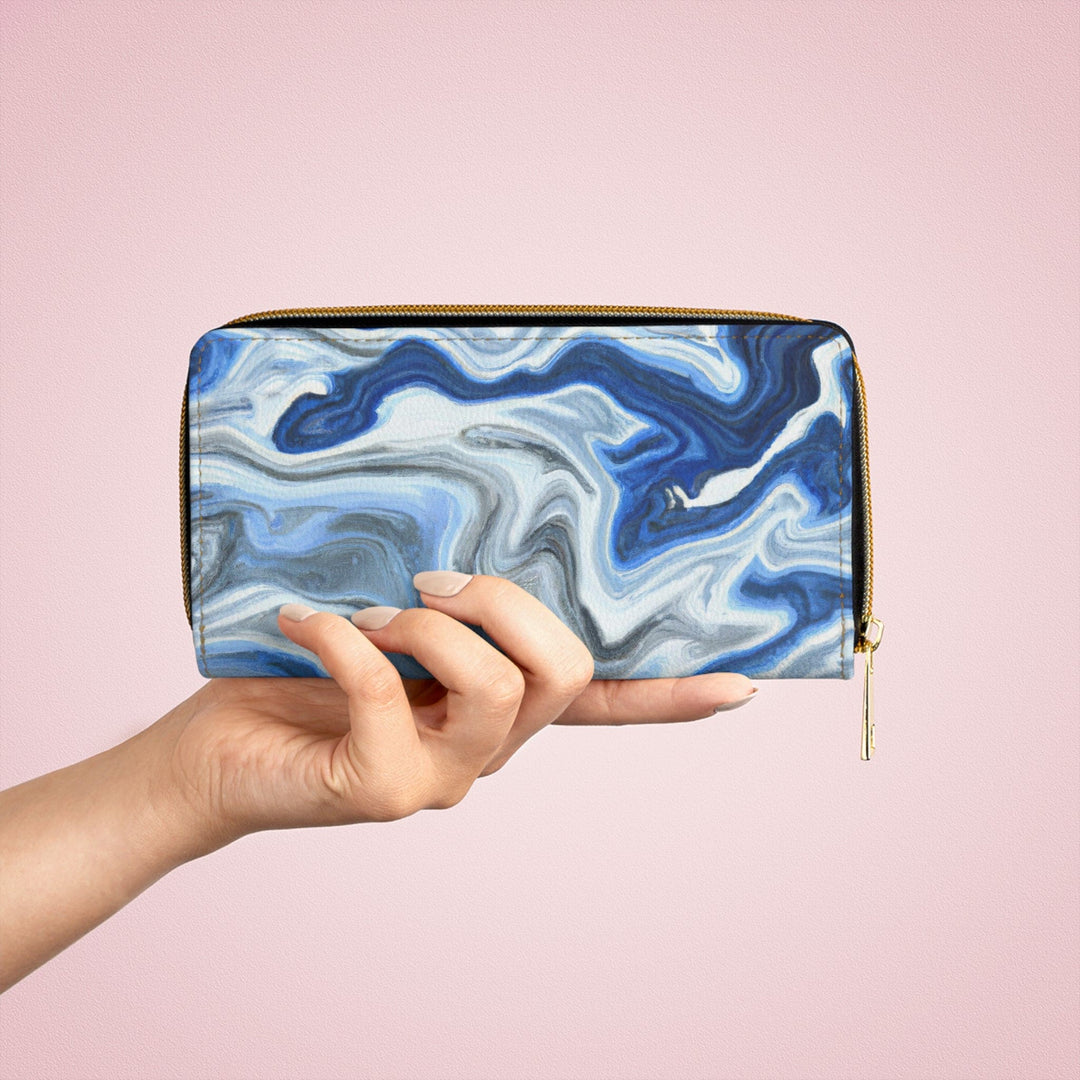 Blue White Grey Marble Pattern Womens Zipper Wallet Clutch Purse - Bags