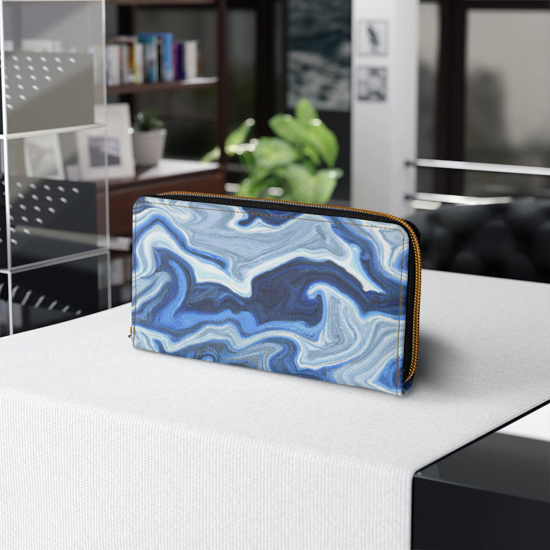 Blue White Grey Marble Pattern Womens Zipper Wallet Clutch Purse - Bags