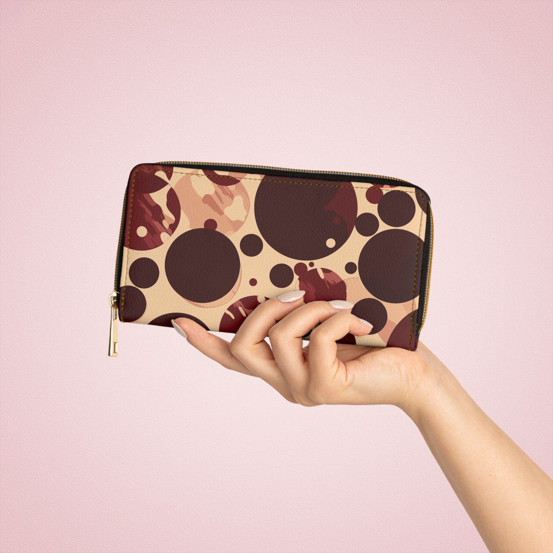 Burgundy and Beige Circular Spotted Illustration Womens Zipper Wallet Clutch