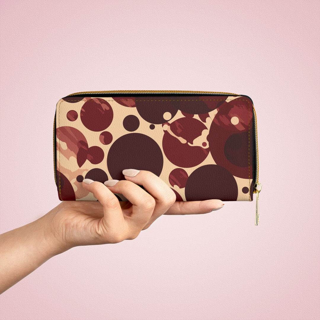 Burgundy and Beige Circular Spotted Illustration Womens Zipper Wallet Clutch