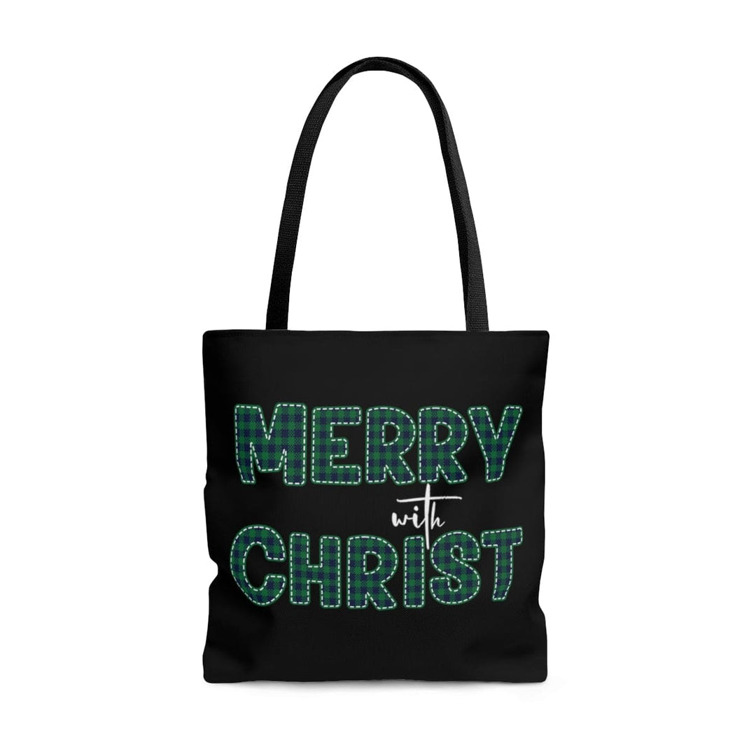 Canvas Tote Bag Merry with Christ Green Plaid Christmas Holiday Print - Bags