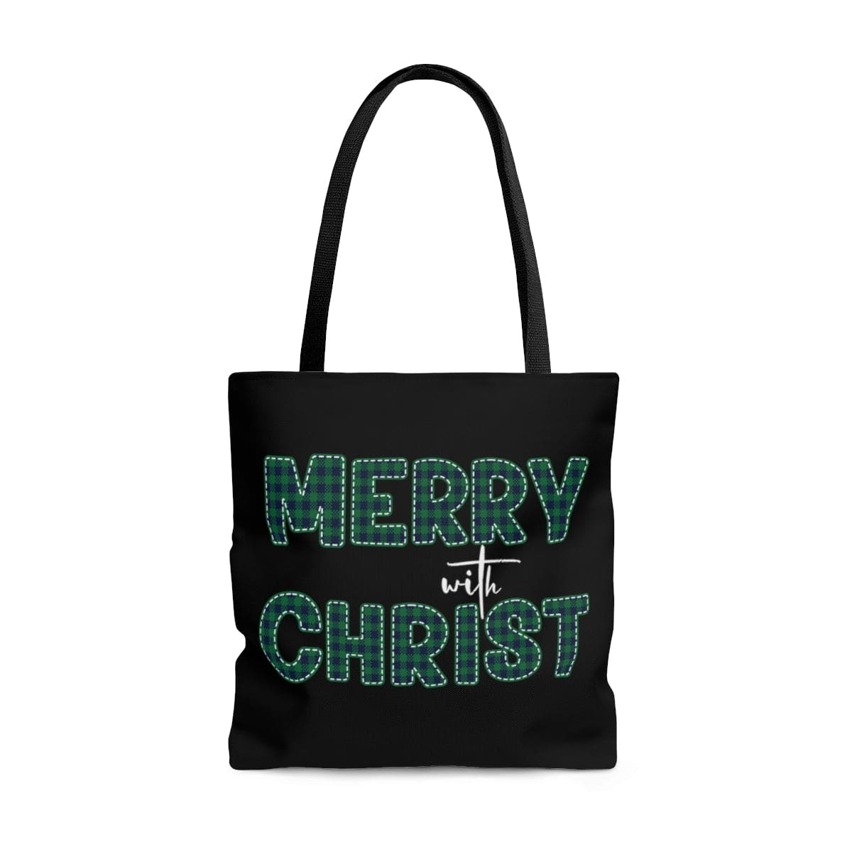 Canvas Tote Bag Merry With Christ Green Plaid Christmas Holiday Pattern Print