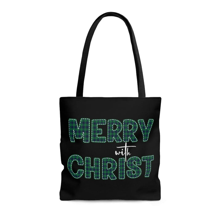 Canvas Tote Bag Merry with Christ Green Plaid Christmas Holiday Print - Bags