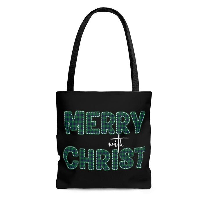 Canvas Tote Bag Merry with Christ Green Plaid Christmas Holiday Print - Bags