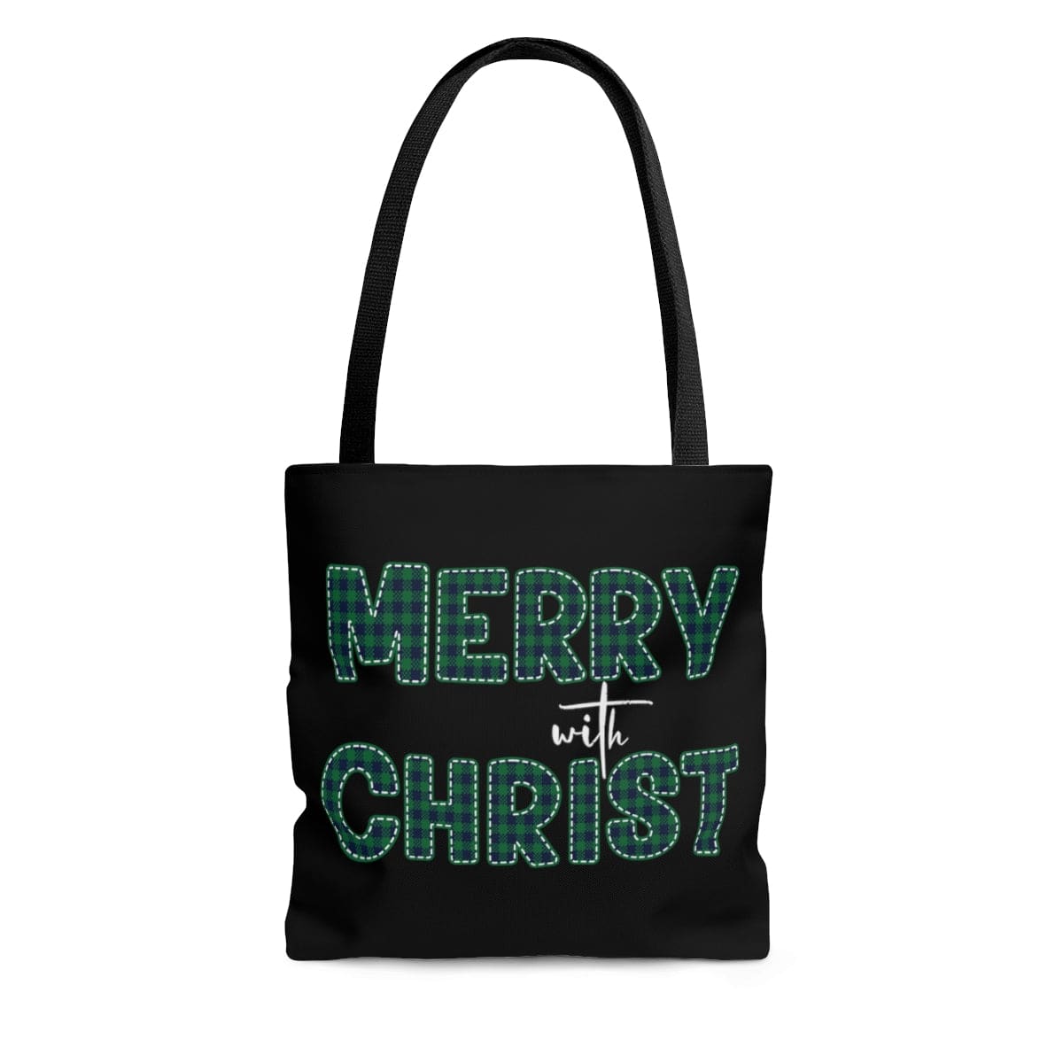 Canvas Tote Bag Merry With Christ Green Plaid Christmas Holiday Pattern Print