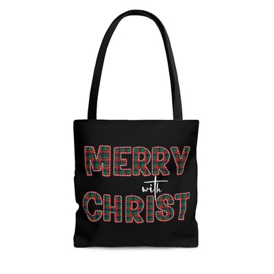 Canvas Tote Bag Merry With Christ Red And Green Plaid Christmas Holiday Pattern